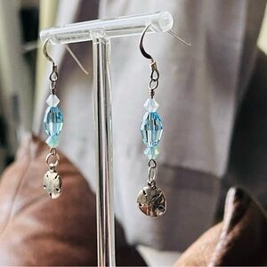 Sterling Silver Sand Dollar Blue Crystal Drop Dangle Earrings